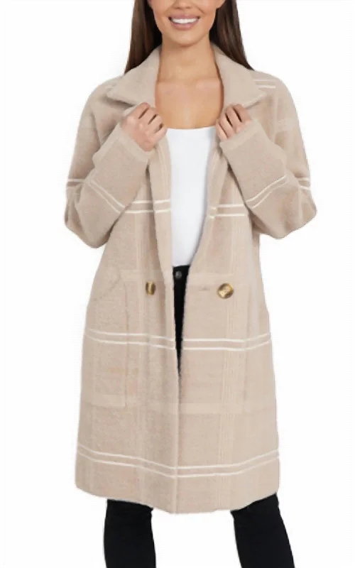 women's coats made from soft cotton blendsPlaid Collared Double-Button Coatigan In Beige