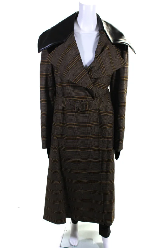 women's trench coats in classic khakiAdeam Womens Faux Leather Trimmed Belted Coat Tumeric