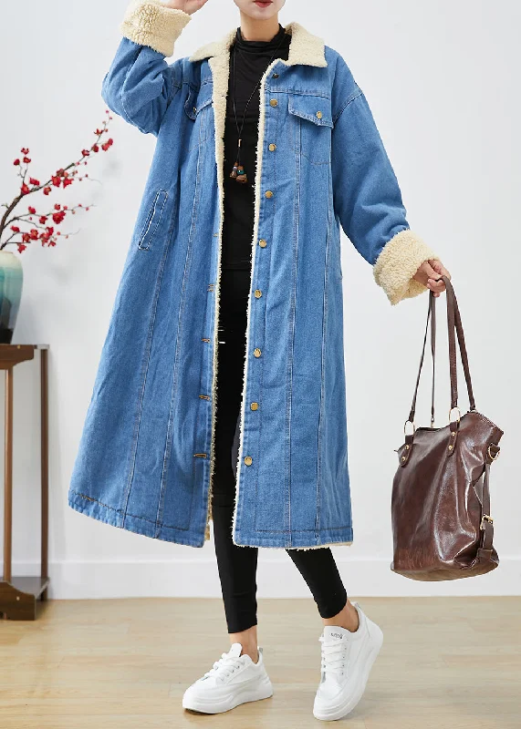 women's peacoats with contrast stitching for added depthBohemian Blue Oversized Thick Fleece Wool Lined Denim Trench Coats Winter