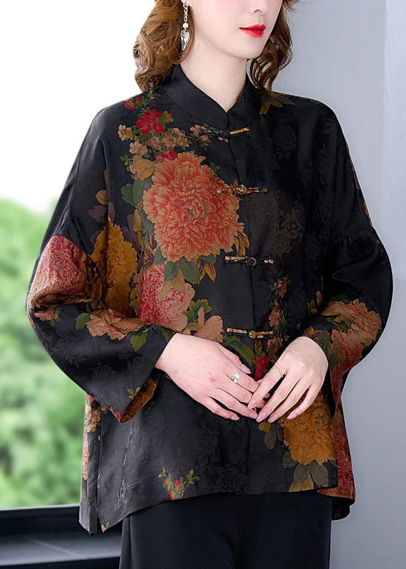 women's hooded parkas for added protectionRetro Black Floral Print Stand Collar Oriental Button Silk Coats Long Sleeve