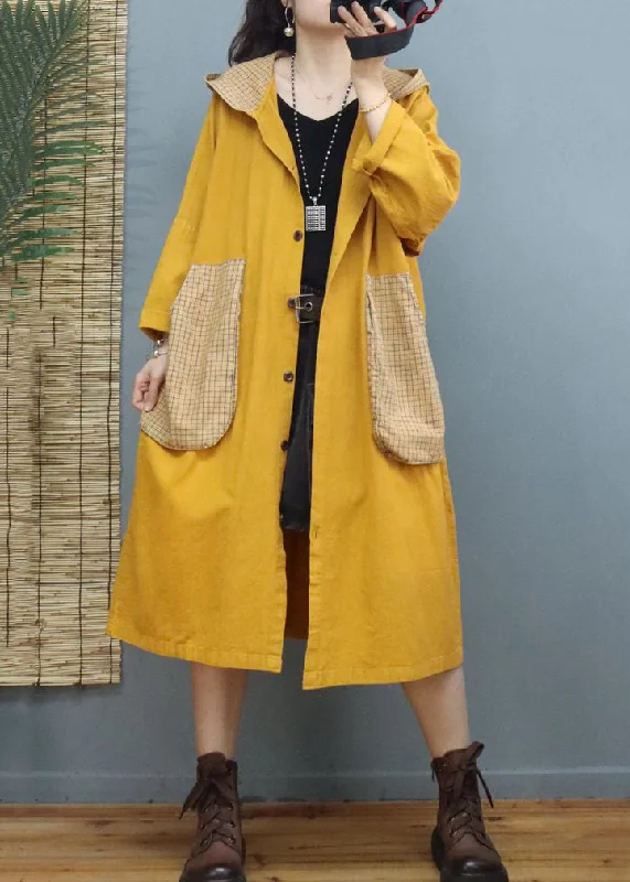 women's peacoats with contrast liningYellow Button Patchwork Long Cotton Coats Hooded Long Sleeve