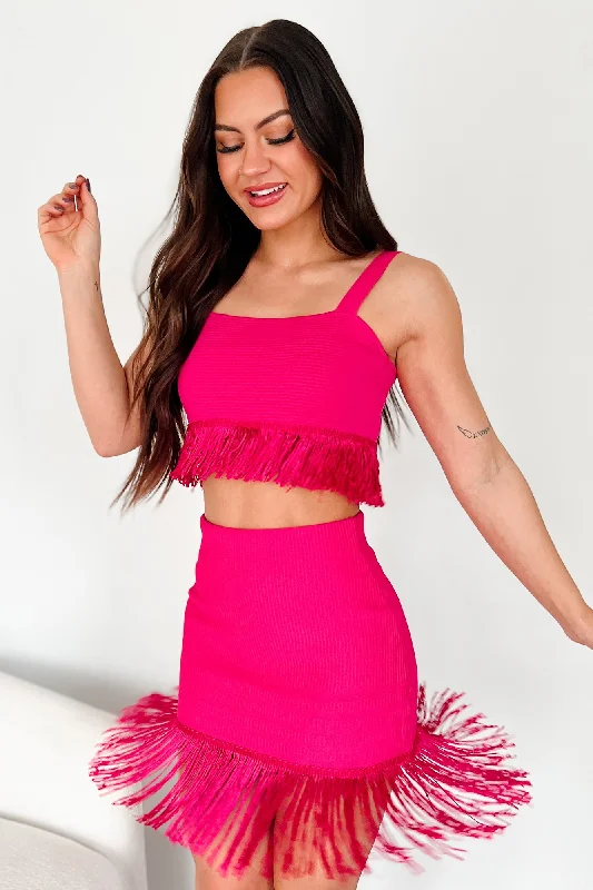 Sheer women's topsSpin Me Around Fringe Two-Piece Set (Fuchsia)