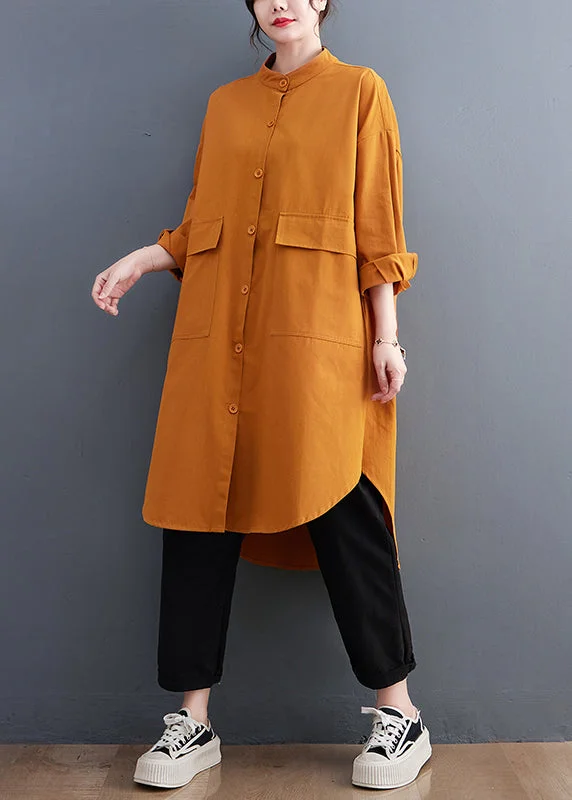 colorful women's coats for a pop of personalityPlus Size Yellow Pockets Button Cotton Shirts Coat Fall