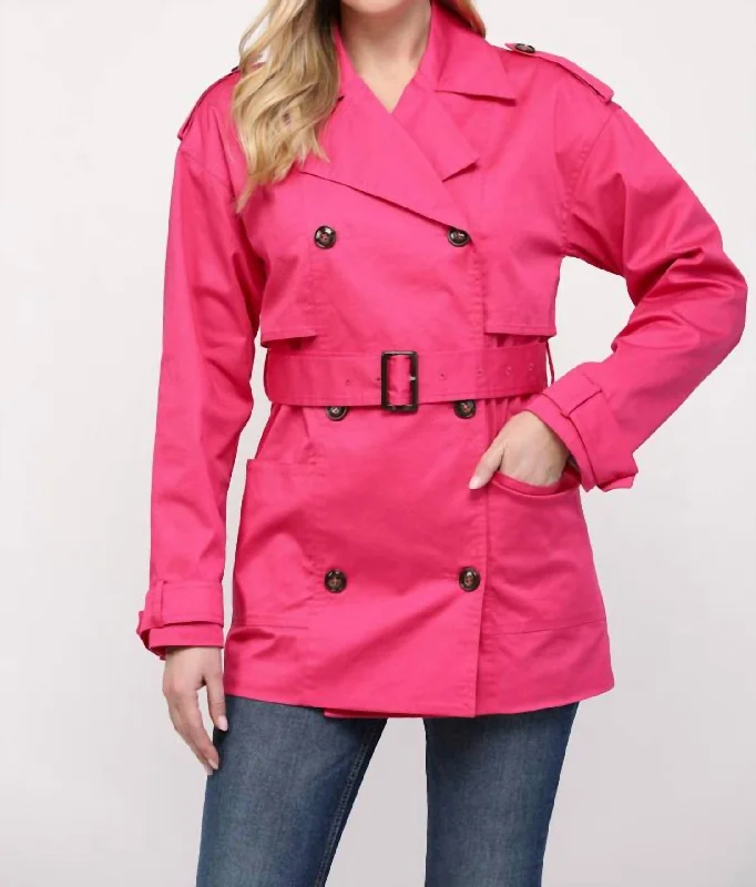 elegant women's cape coats for formal eventsBelted Short Trench Coat In Fuchsia