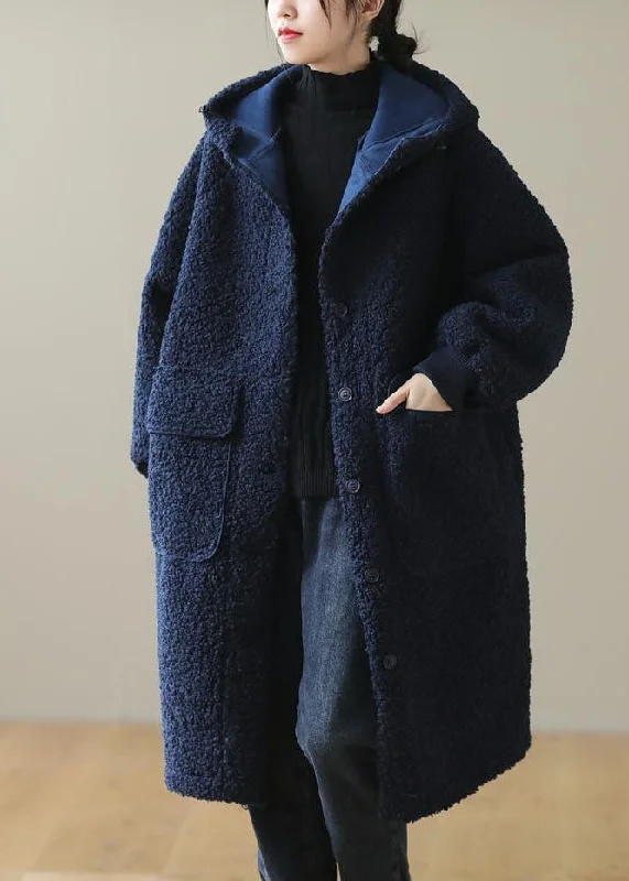 women's belted trench coats for a cinched waistWomen Blue Hooded Button Faux Fur Winter Coat