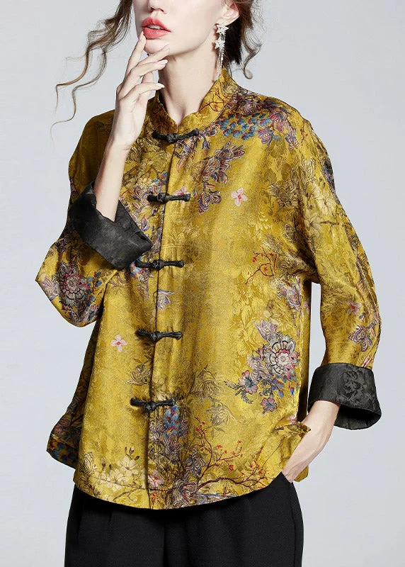 affordable women's peacoatsGolden Brown Stand Collar Button Print Silk Coats Long Sleeve