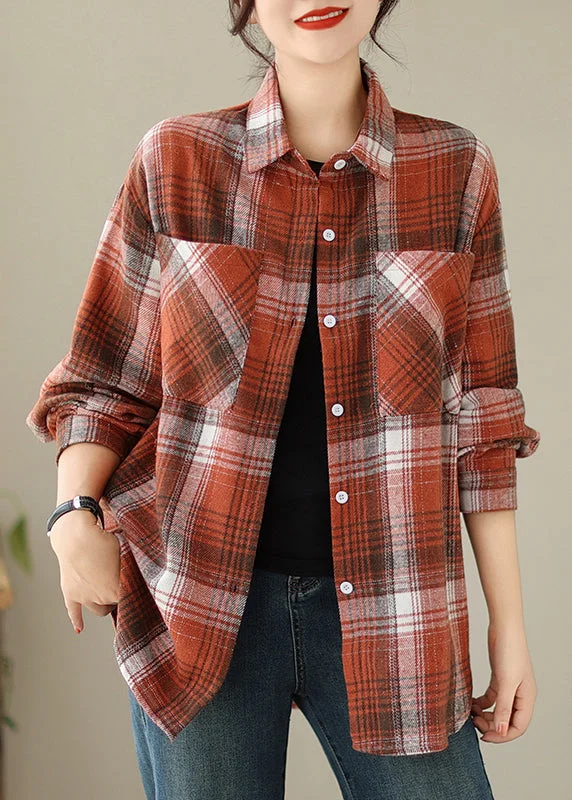 women's denim jackets with distressing detailsBeautiful Orange Peter Pan Collar Pockets Plaid Cotton Coat Fall