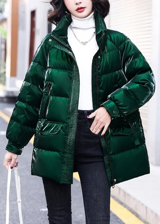 women's denim jackets with contrast sleevesLoose Green Zippered Pockets Duck Down Coats Winter