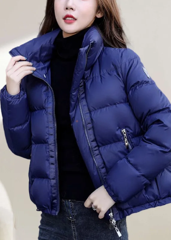 women's parkas with mesh lining for breathabilitySimple Blue Stand Collar Zip Up Solid Down Coat Winter