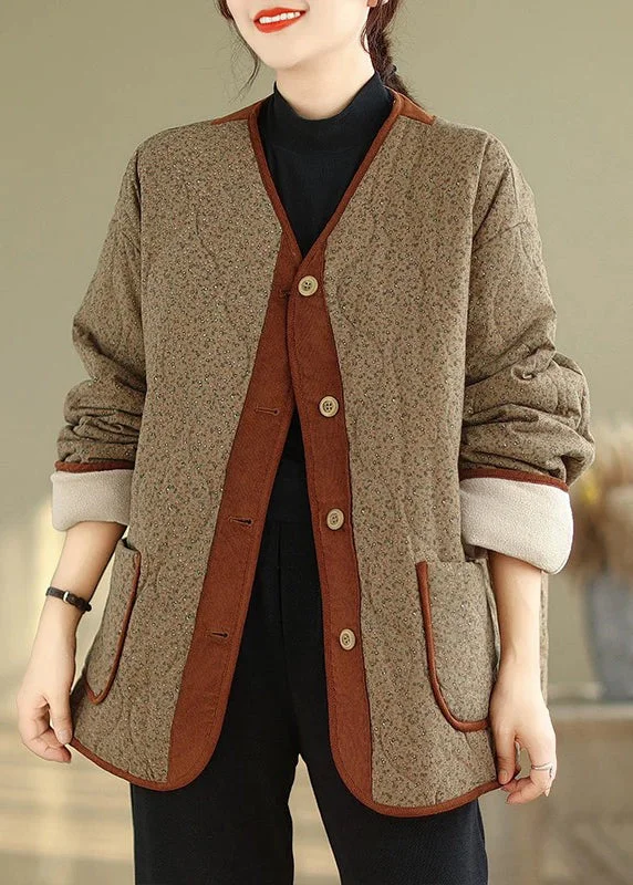 women's coats made from sustainable materialsCoffee Button Pockets Warm Fleece Winter Coats V Neck