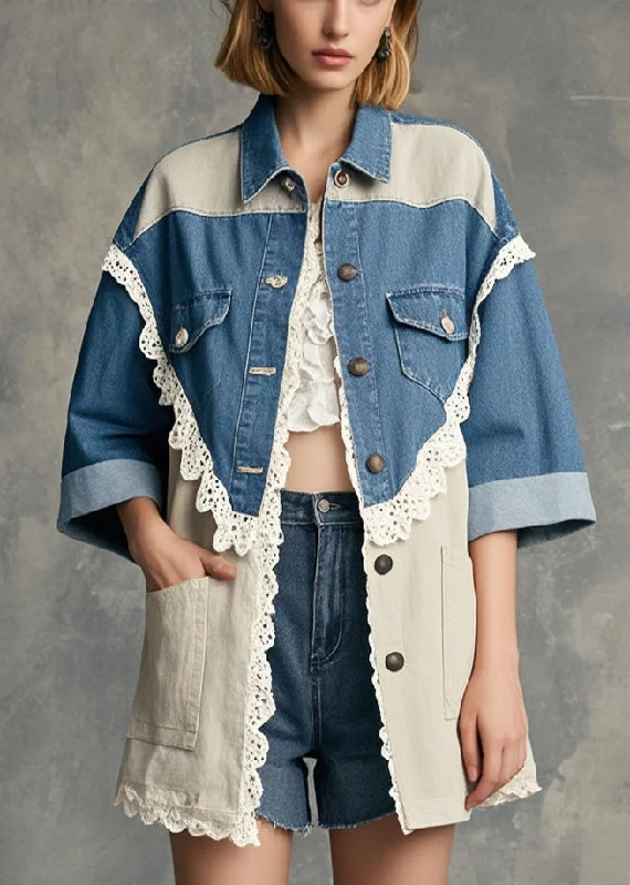 women's parkas with a waterproof exterior for rainy daysModern Colorblock Oversized Lace Patchwork Denim Coat Half Sleeve