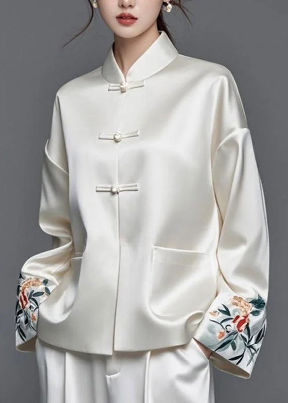 women's parkas with mesh lining for breathabilityModern White Embroidered Patchwork Silk Cotton Fall Coats