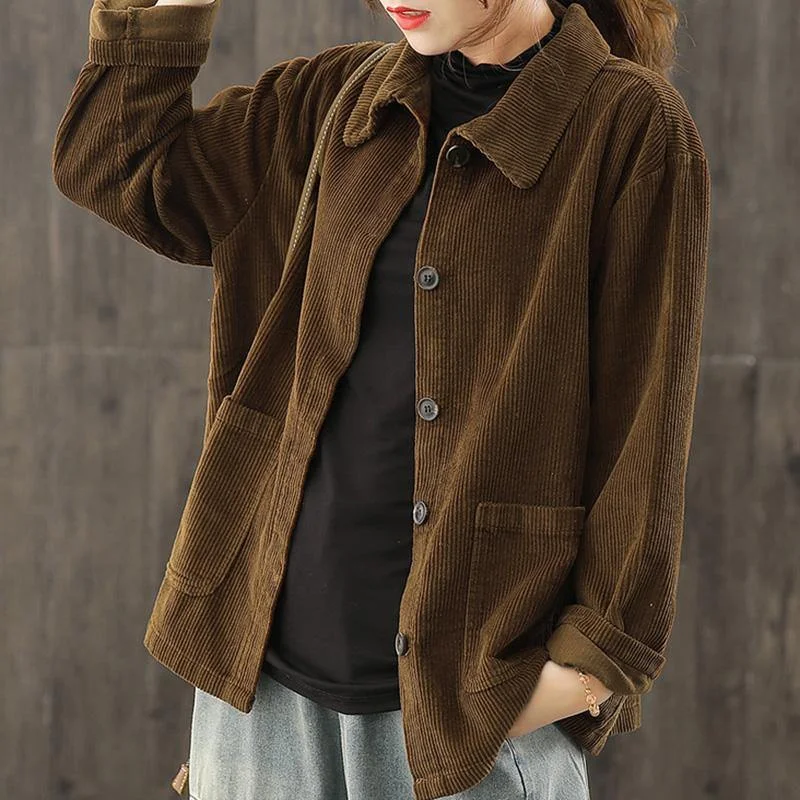 women's peacoats with functional button-down collarsWomen Plus Size Pocket Corduroy Coat