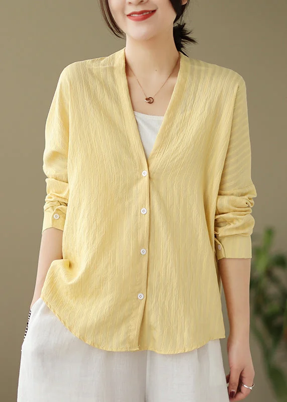 water-resistant women's rain jacketsLoose Yellow V Neck Button Patchwork Cotton Shirts Coat Fall