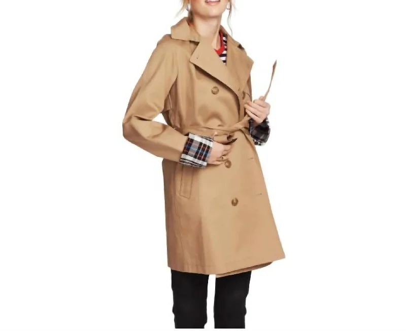 women's peacoats with pockets at the hips for easy accessPlaid Lined Double Breasted Trench Coat In Tan