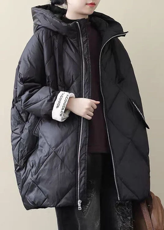 women's peacoats with a shawl collar for eleganceBoho Black Long Puffer Jackets Plus Size Winter Warm Cotton Blend Coats