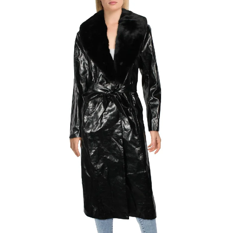 women's coats with built-in scarf attachmentsWomens Faux Leather Long Trench Coat