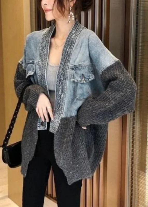 women's parkas with mesh lining for breathability2023 Autumn Winter New Loose Fit Denim Spliced Knitted Cardigan Coat