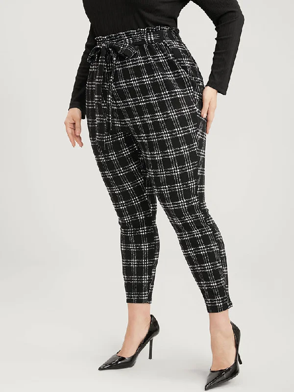 Checkered women's skirtsPlaid Paperbag Waist Belted Skinny Leggings