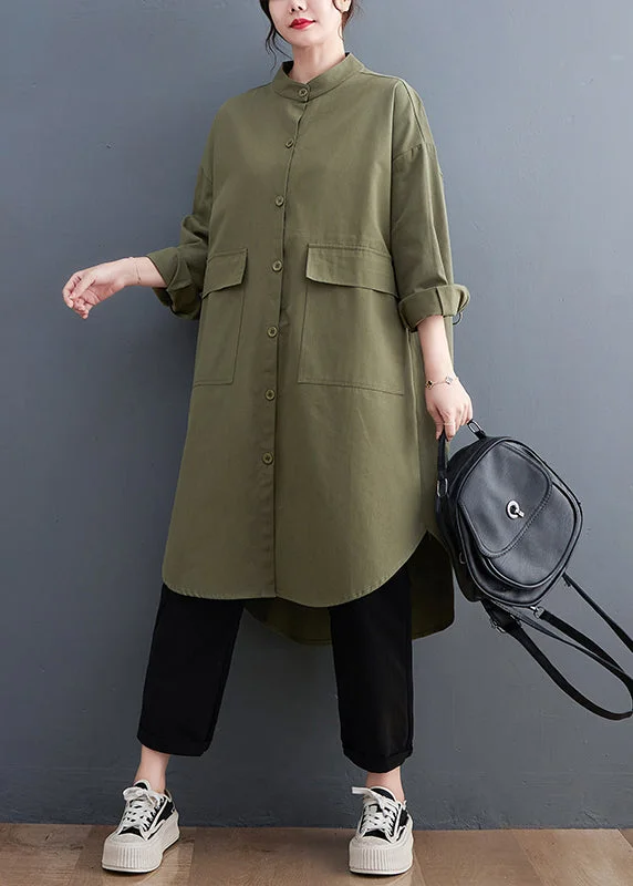 stretchy women's coats for easy movementArmy Green Pockets Cotton Shirts Coats Stand Collar Fall