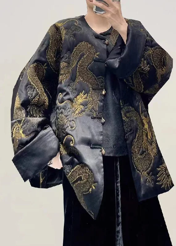 women's bomber jackets with zippered pockets for securityVintage Black Dragon Embroidered Oversized Chinese Button Silk Coats Fall