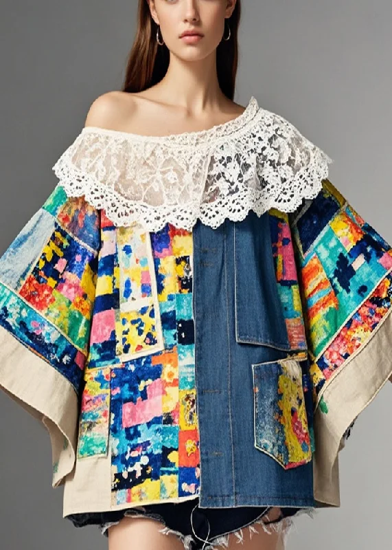 women's peacoats with a hood and drawstrings for functionalityUnique Asymmetrical Lace Patchwork Print Denim Coats Fall