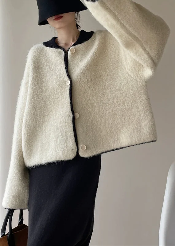 women's parkas designed for petite womenLoose White Button Thick Patchwork Woolen Coats Winter