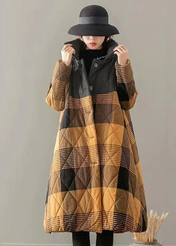 women's coats made from sustainable materialsYellow Pockets Plaid Patchwork Fine Cotton Filled Coats Button Winter