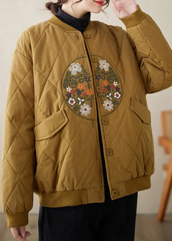 women's duffle coats for cozy comfortLoose Khaki Embroidered Button Pockets Thick Coats Winter