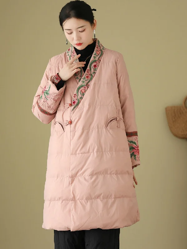 women's shearling coats for luxury warmthWomen Winter Ethnic Embroidery Long Down Coat