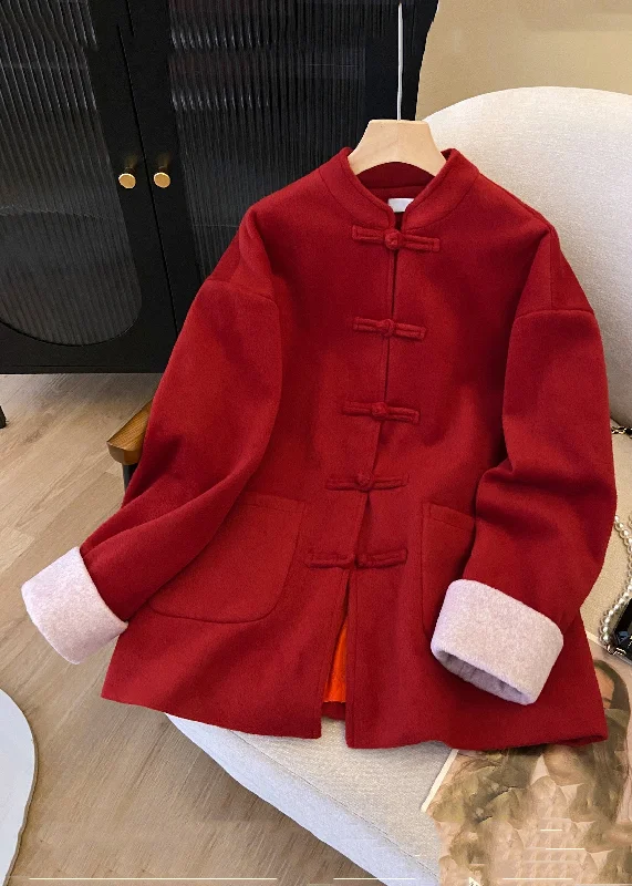 breathable women's sports coats for activewearNew Red Stand Collar Button Pockets Thick Woolen Coats Winter