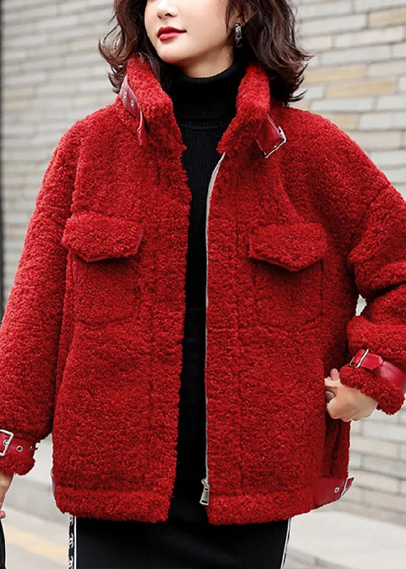 women's bomber jackets with contrast zippersLoose Red Zippered Solid Patchwork Teddy Faux Fur Coat Winter