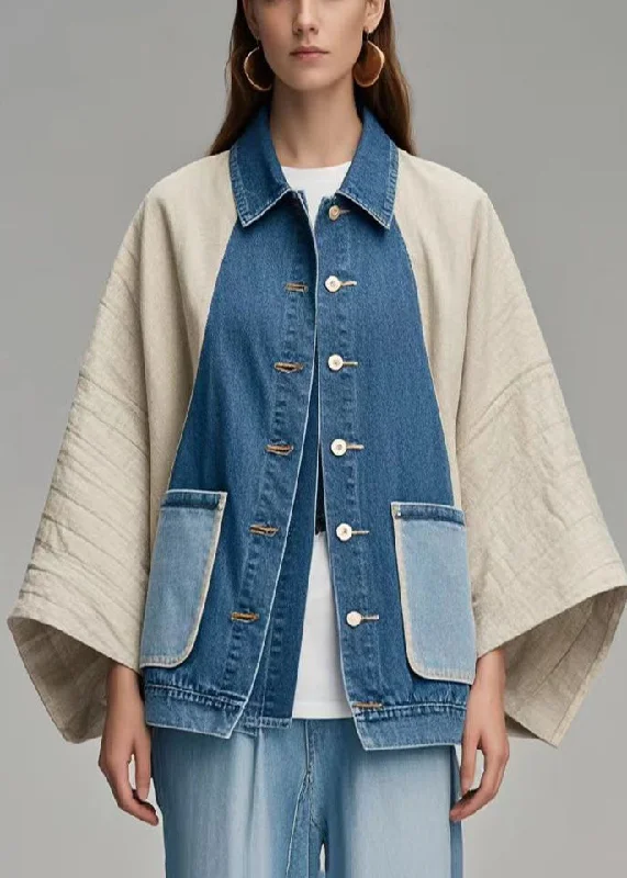 women's coats with a built-in hood and adjustable drawstringsPlus Size Colorblock Oversized Patchwork Denim Coat Outwear Batwing Sleeve