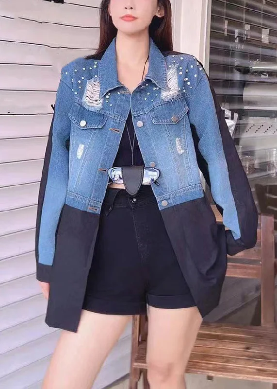 women's peacoats with lace detailing for a romantic touchFrench Blue Hole Button Patchwork Denim Coats Fall