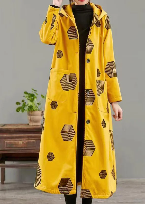 women's parkas with fur-lined hoodsWomen Yellow Hooded Pockets Print Warm Fleece Coat Winter