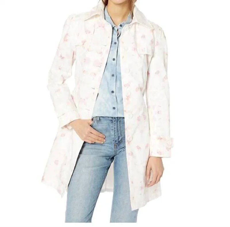 breathable women's sports coats for activewearFloral Print Spring Poplin Trench Coat In Pink, White