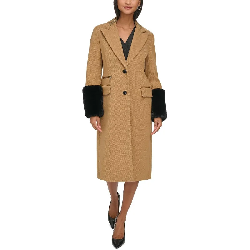 women's coats with a quilted exterior for insulationWomens Embellished Faux Fur Cuff Pea Coat