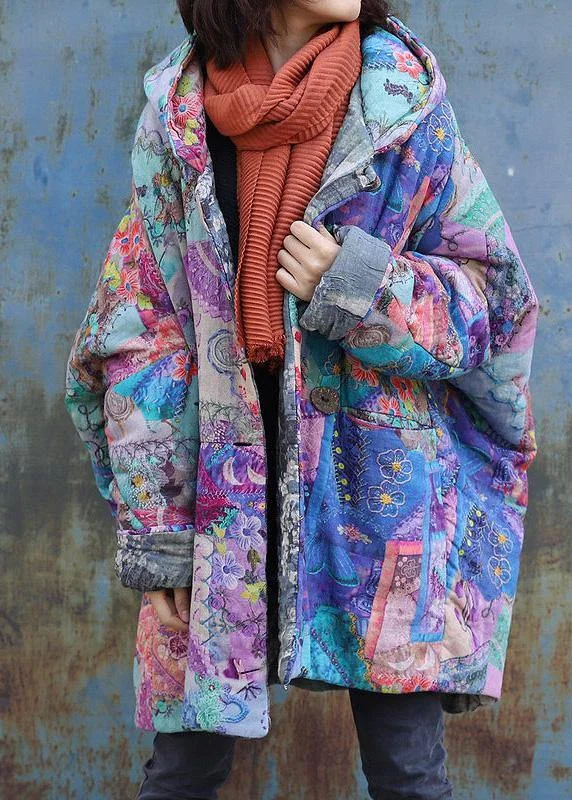 women's down jackets for extreme cold2024 Purple Prints Overcoat Oversized Warm Winter Coat Hooded Patchwork Overcoat