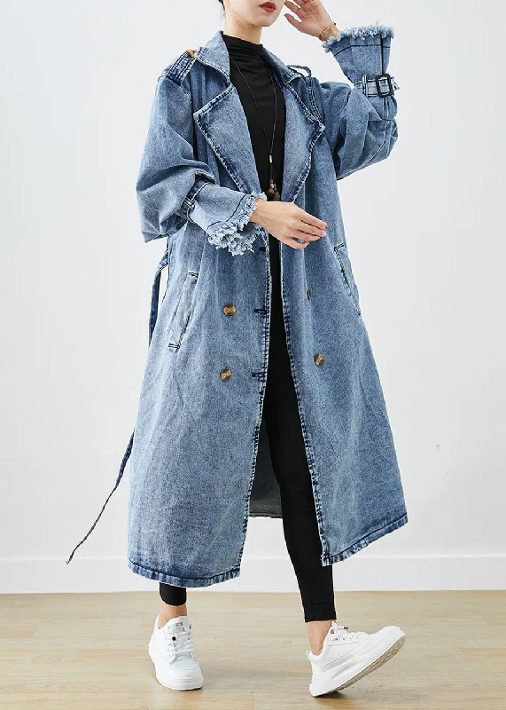 women's bomber jackets with zippered pockets for securityArt Light Blue Lapel Double Breast Denim Trench Coats Fall