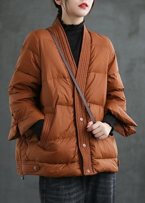 eco-friendly women's coats made from recycled materialsCaramel V Neck Button Thick Winter Duck Down Jackets