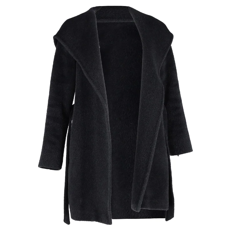 women's bomber jackets with a vintage wash for timeless appealMax Mara Hooded Coat with Belt in Black Wool