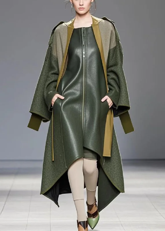 women's coats with pockets galoreFine Army Green Asymmetrical Patchwork Faux Leather Fake Two Piece Coat Fall