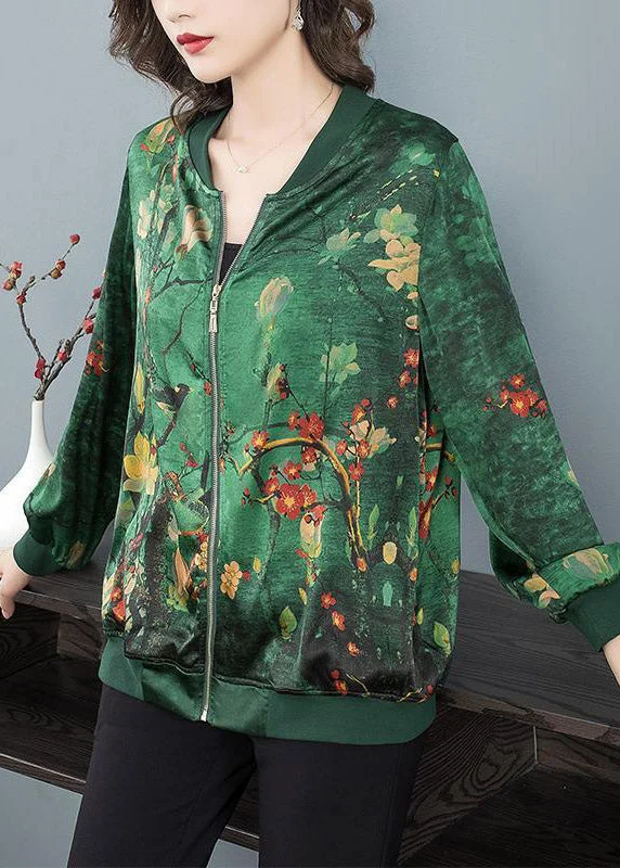 women's bomber jackets with quilted detailingGreen O-Neck Print Zip Up Silk Coats Long Sleeve