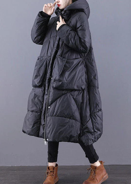 women's peacoats with pockets at the hips for easy accessLoose Black Hooded Pockets Duck Down Winter down coat