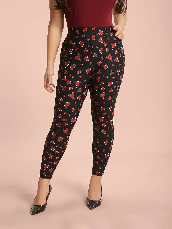 Elegant women's pantsHearts Print Skinny Fit Pocket Pants