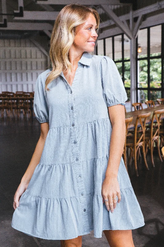 Layering dresses for versatile stylingAnnabel Button Down Denim Dress, Blue