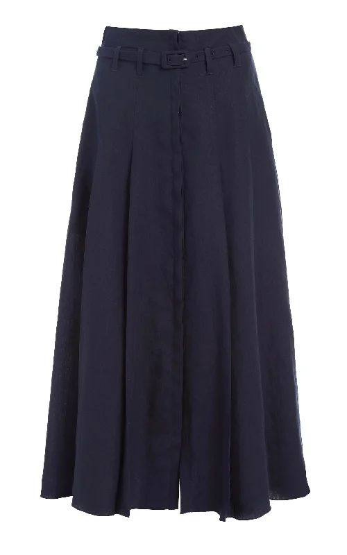 Layering women's pantsDugald Pleated Midi Skirt in Navy Aloe Linen